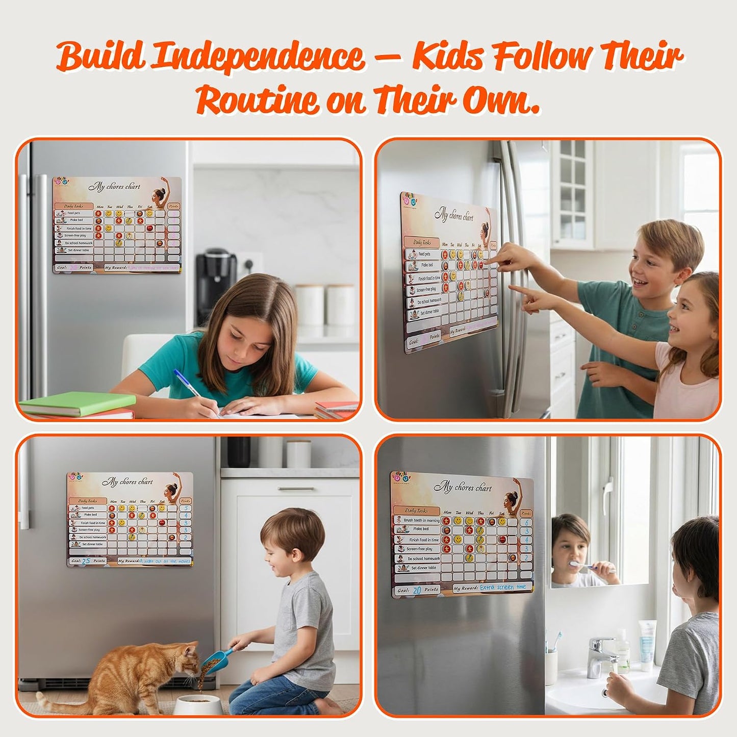 Mimi Doodle Magnetic Chore Chart for Kids – 16x12 Dry Erase Daily Responsibility Board for Fridge with 39 Chore tabs, 100 Reward Stickers – Behavior Chart for Kids at Home – Simple Theme