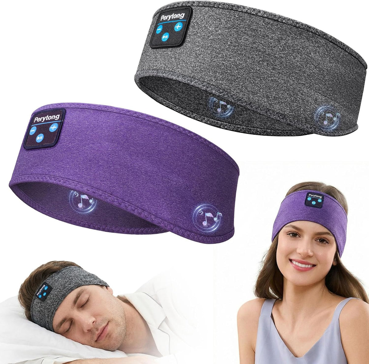 Perytong 2 Pack Sleep Headphones, Sleeping Headphones | Bluetooth Headband with Ultra-Thin HD Stereo Speaker, Wireless Headphone for Sports, Insomnia, Yoga, Air Travel, Meditation
