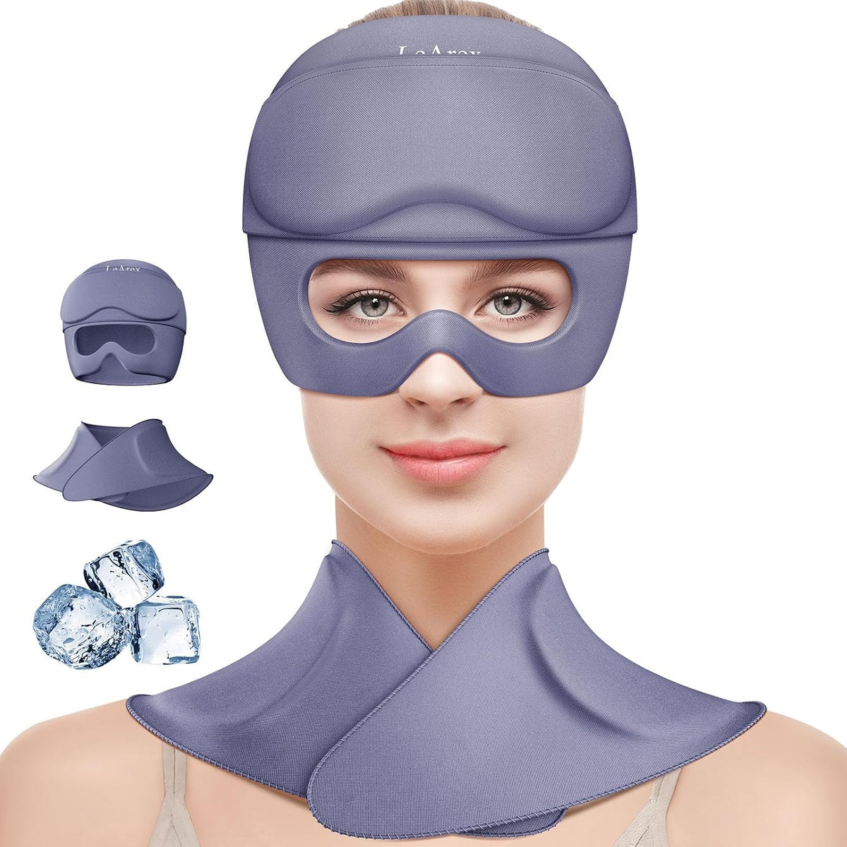 3 in 1 Migraine Relief Cap Neck Ice Pack Wrap Gel and Ice Eye Masks, Detachable Ice Caps with Eyes Masks, Hot and Cold Therapy for Relief of Headaches, Stiff Neck and Eye Fatigue (Purple)