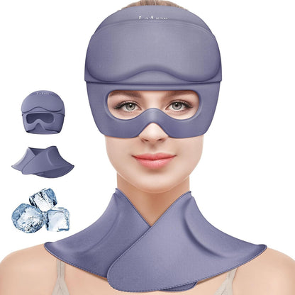 3 in 1 Migraine Relief Cap Neck Ice Pack Wrap Gel and Ice Eye Masks, Detachable Ice Caps with Eyes Masks, Hot and Cold Therapy for Relief of Headaches, Stiff Neck and Eye Fatigue (Purple)