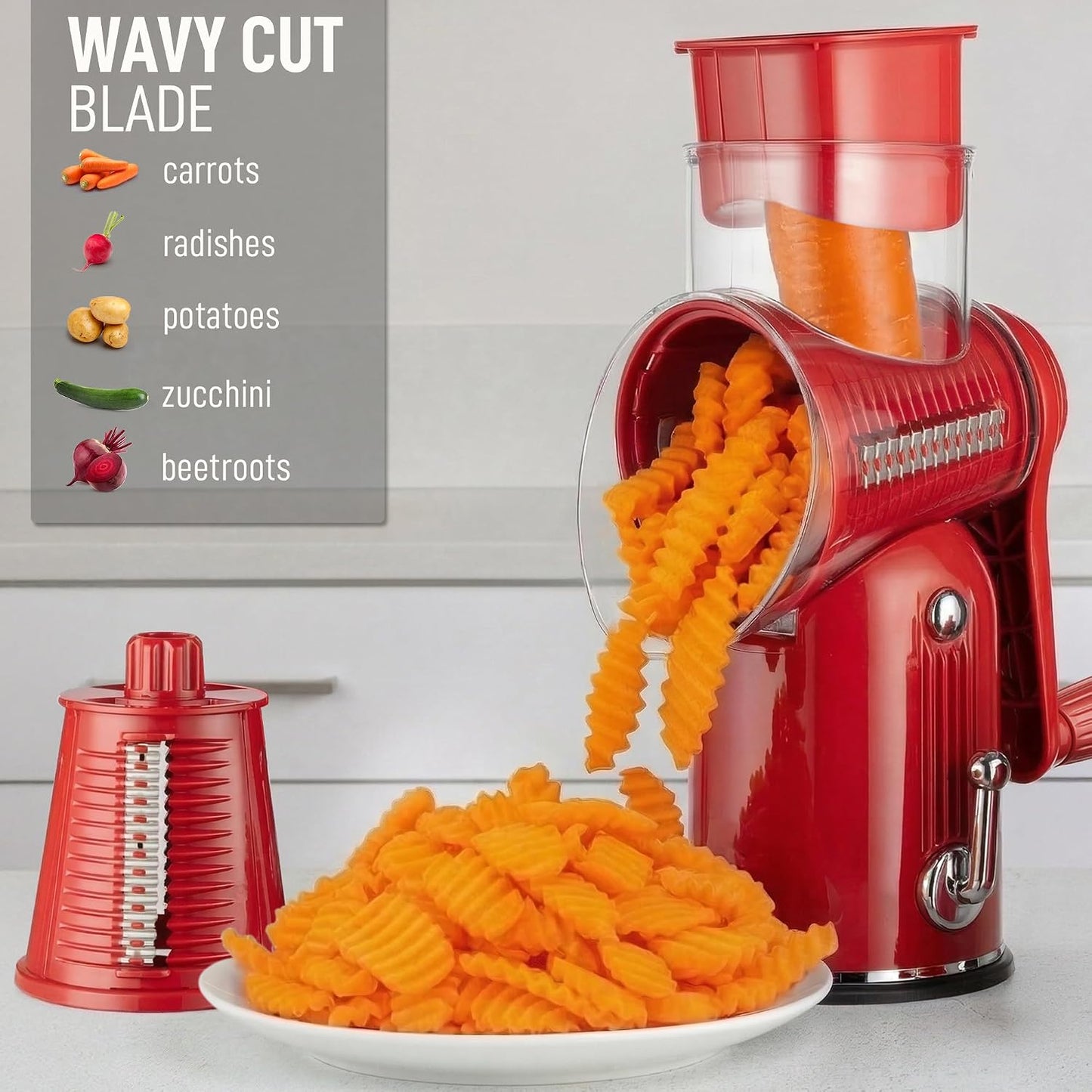 Zulay Kitchen Rotary Cheese Grater 5 Blade Cheese Shredder - Manual Hand Crank Cheese Grater With Reinforced Suction & 5 Interchangeable Drums - Easy to Use, Vegetable Chopper Round Mandoline Slicer - Colors B