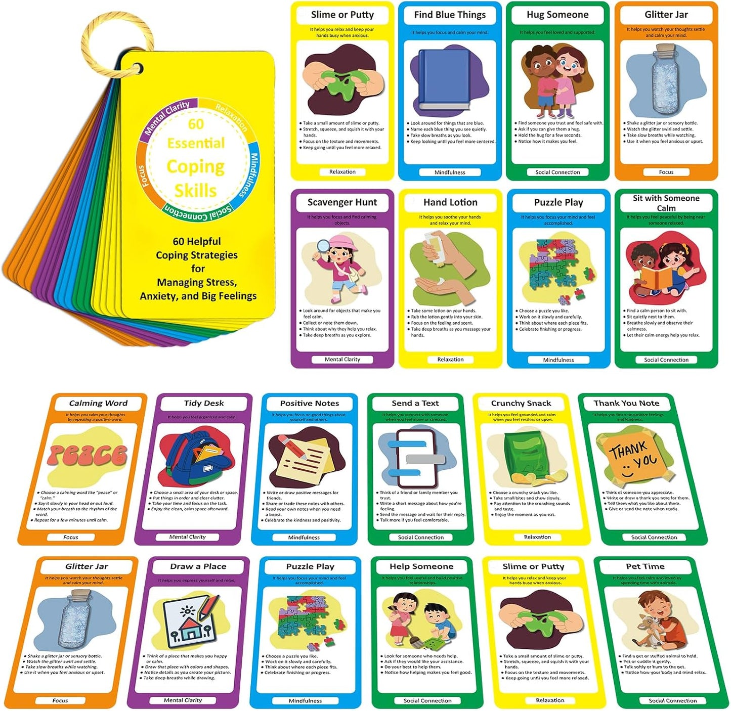 32 Coping Skills Cards with 60 Strategies – Therapy Tools for Teens & Adults to Manage Stress, Anxiety & Emotions – Durable Mindfulness & Emotional Intelligence Deck for Home, School & Counseling Use