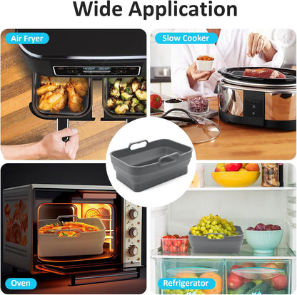 2Pcs Air Fryer Silicone Liners with Magnetic Cheat Sheet, 8-10 QT, Grey | 2 Pack, Reusable, Replacement Basket Bowl, Collapsible Baking Tray, Air Fryer Accessories