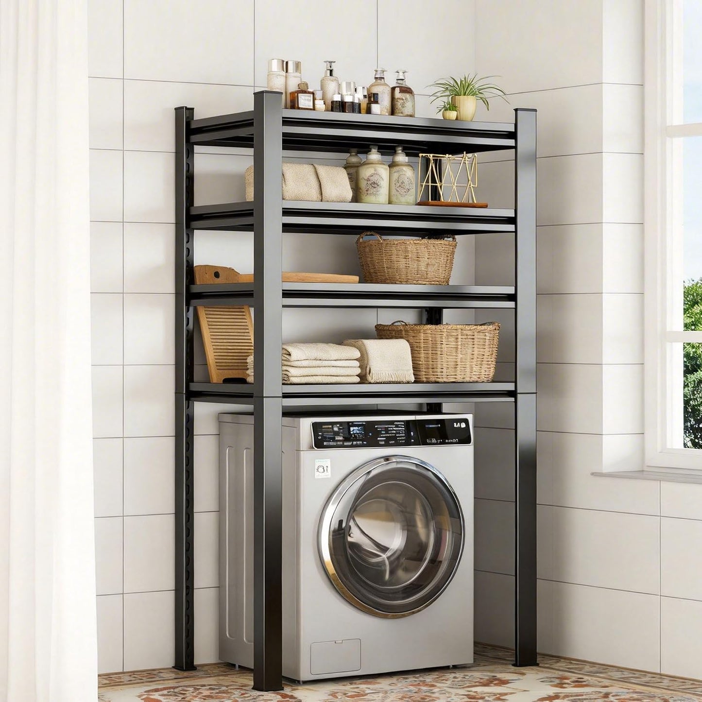 4 Tier Over the Washer Storage Shelf, Metal Washing Machine Shelf, Heavy Duty Laundry Shelf for Over Washer or Dryer, Black (63" H x 45.3" W x 19.7" D)