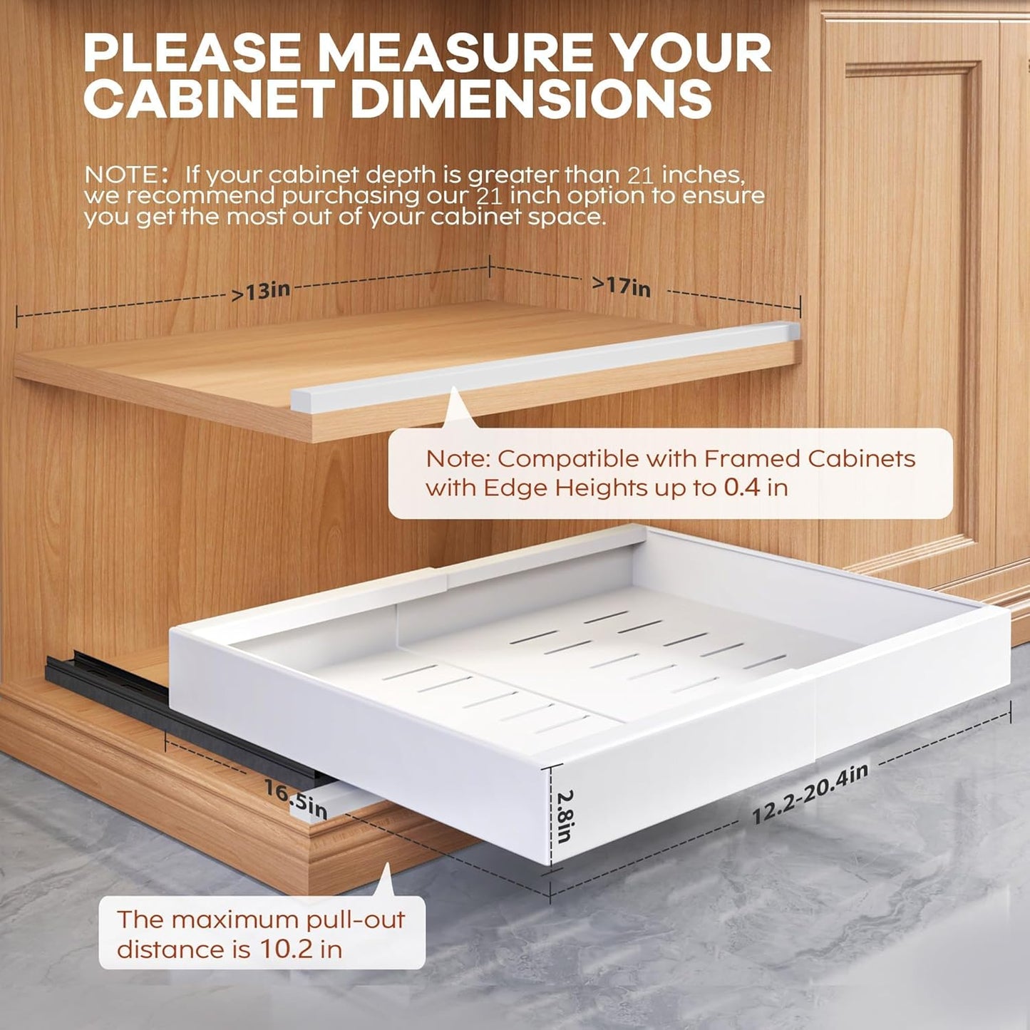Seinloes 2Pack Expandable Pull Out Cabinet Organizer 21"Deep With Raising Pad for Framed Cabinets, Upgrade 3 Slide Rails Slide Out Drawers, Roll Out Shelves Adhesive,Adjustable Width 12.05"-20.4"White