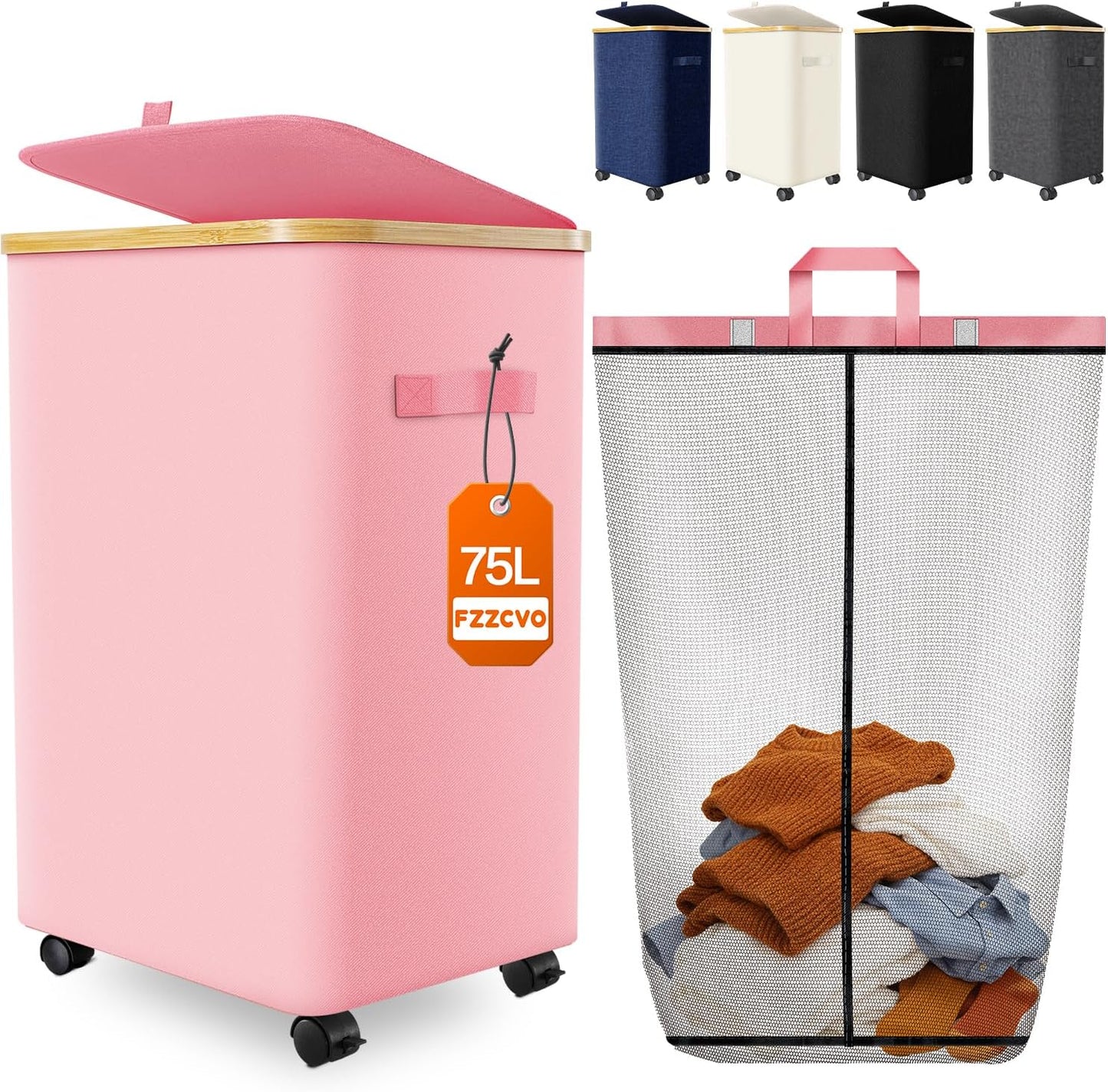 Double Laundry Basket with Wheels and Lid, 150L Clothes Hampers for Laundry | Large Laundry Hamper with 2 Sections & Removable Liner Bags, Rolling Dirty Clothes Basket for Bedroom Bathroom Dorm College