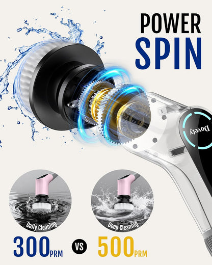 Dovety Electric Spin Scrubber, Extendable Handle, 8 Brush Heads-WH | 90-minute long runtime, Type-C fast charging, multi-scene cleaning tool for shower, bathtub, tile and bathroom scrubbing