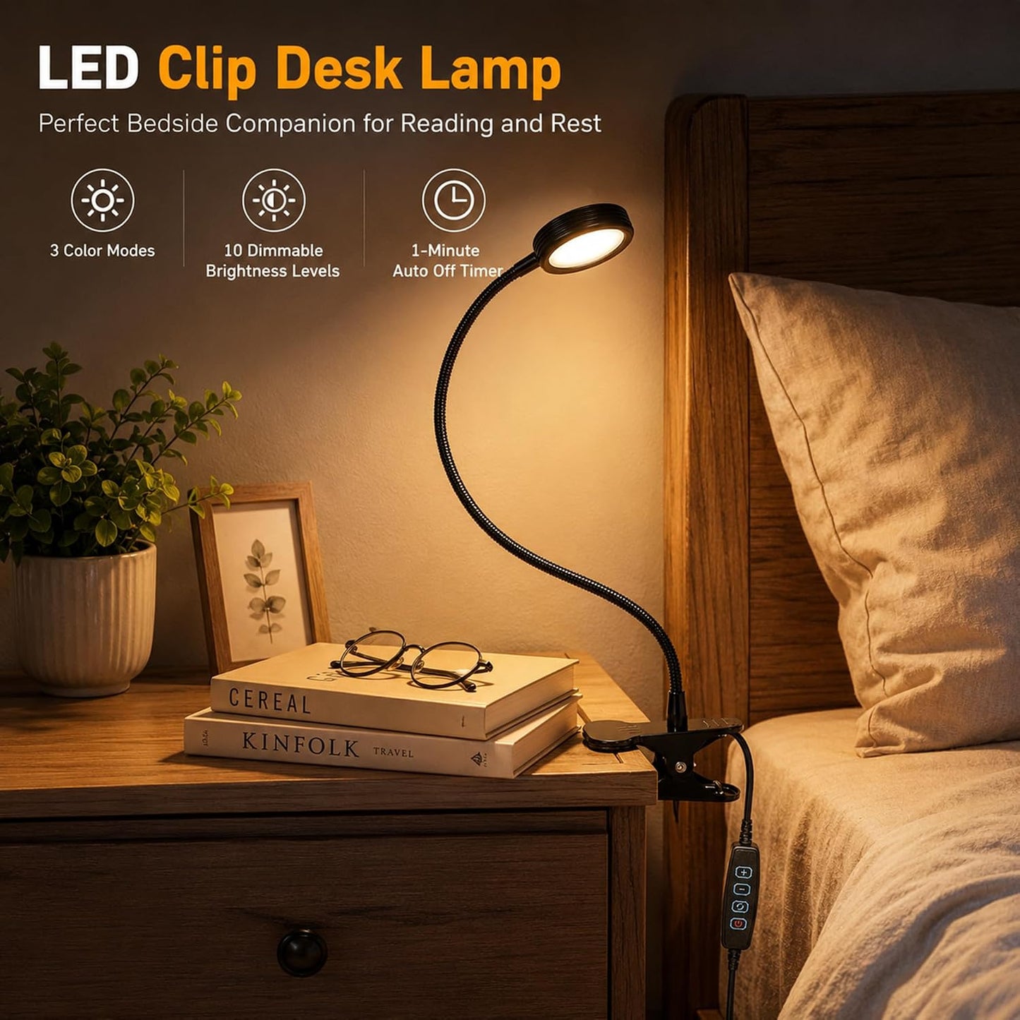 USB Clip-On Lamp, Eye Caring Dimmable Reading Light (Warm+Cool White, 8W) | Dimmable, Inline Switch, 1M Timer, USB 5V Port, 3000K+6000K, 81inch Long Cable, Flexible Gooseneck, Metal Head and Clip