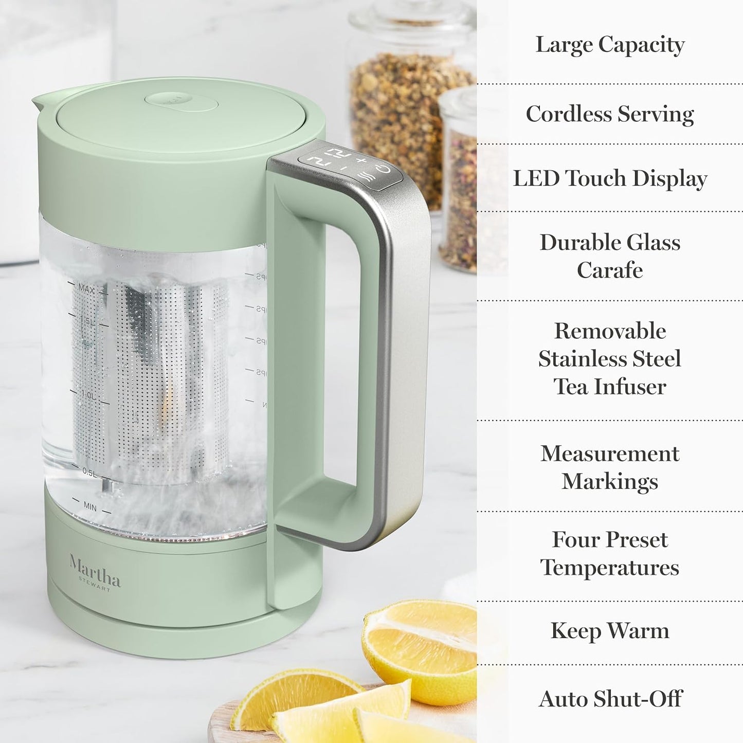 Martha Stewart 1.7L Glass Carafe Electric Kettle with Removable Tea Infuser | 7 Cups, 4 Presets, Rapid Boiling, Stainless Steel Tea Leaf Infuser, Cordless Swivel Base, Keep Warm, Auto Shut-Off, Linen