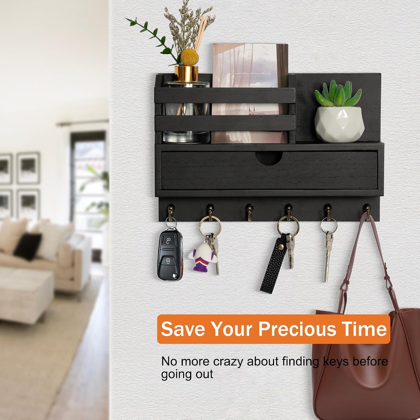 dreampossible Key and Mail Holder for Wall, Mail Organizer Wall Mount with 6 Hooks and Storage Drawer, Wooden Key Rack Hanger with Shelf for Entryway and Home Decor