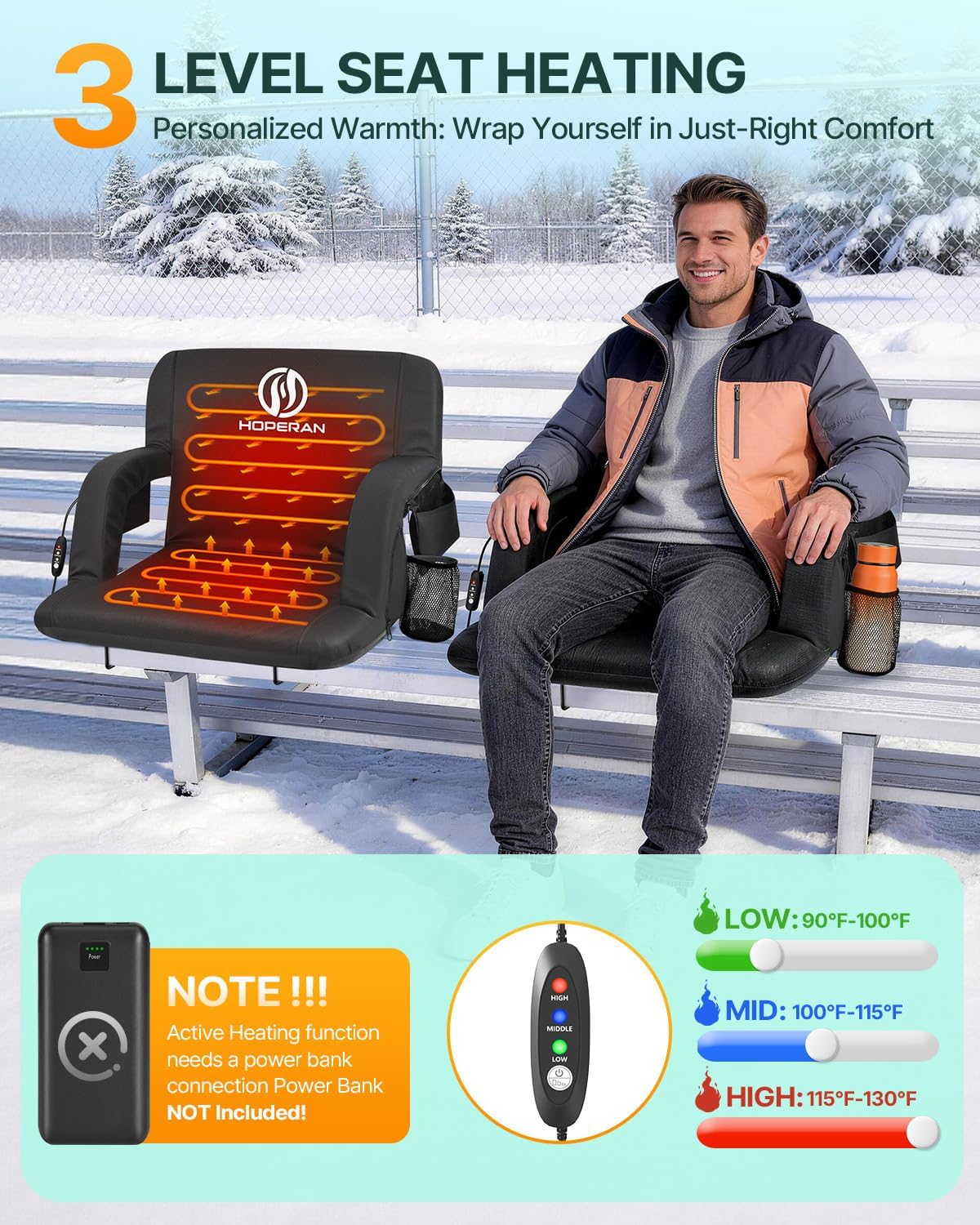 HOPERAN 21" Heated Stadium Seats for Bleachers with Back Support, Black 2PC | Seat & Back Heat Wired Control, 3 Heat Levels (NO Battery), Soft Cushion, 6 Recline, Anti-Slip, Side Pockets, Backpack Straps