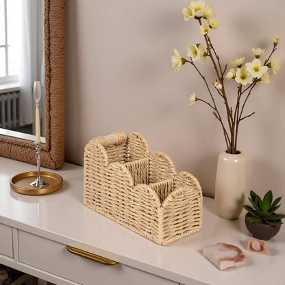 CubesLand Bedside Table Desk Organizer Caddy, Remote Pen&Pencil Holder Cup | Makeup Brush Holder w/Scalloped Perfect for Home, Office Desk, Living Room Table Decor, 3 Slots Neutral
