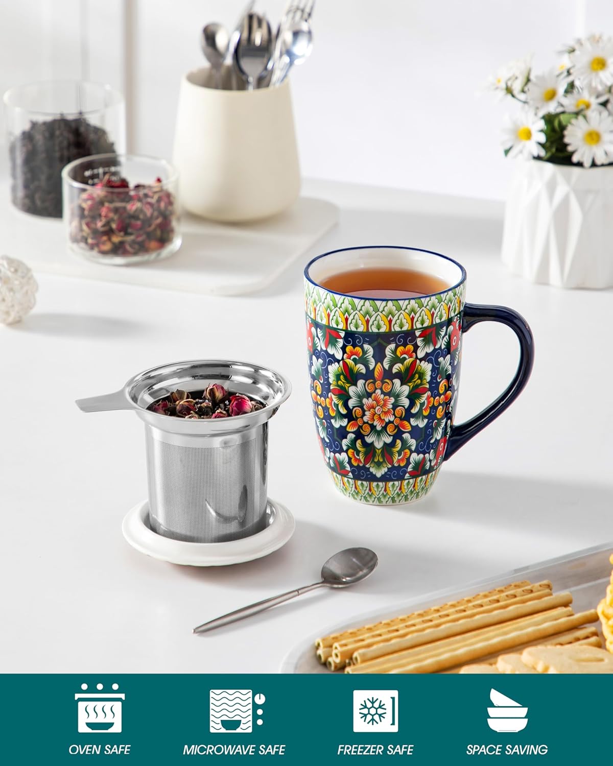 vancasso Ceramic Tea Mug with Infuser and Lid, 18 Ounce Bohemian Loose Leaf Cup, Microwave & Dishwasher Safe, Perfect for Tea, Coffee, Burnt-Cobalt Mandala
