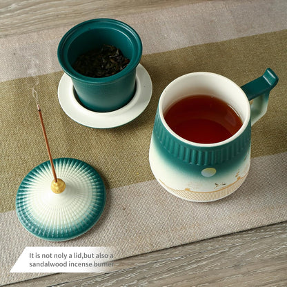 Loose Leaf Tea Cup with Infuser and Lid, 14.8oz Chinese Ceramic Mug with Fine Mesh Strainer, Office Steeping Cup for Tea Lovers Gifts