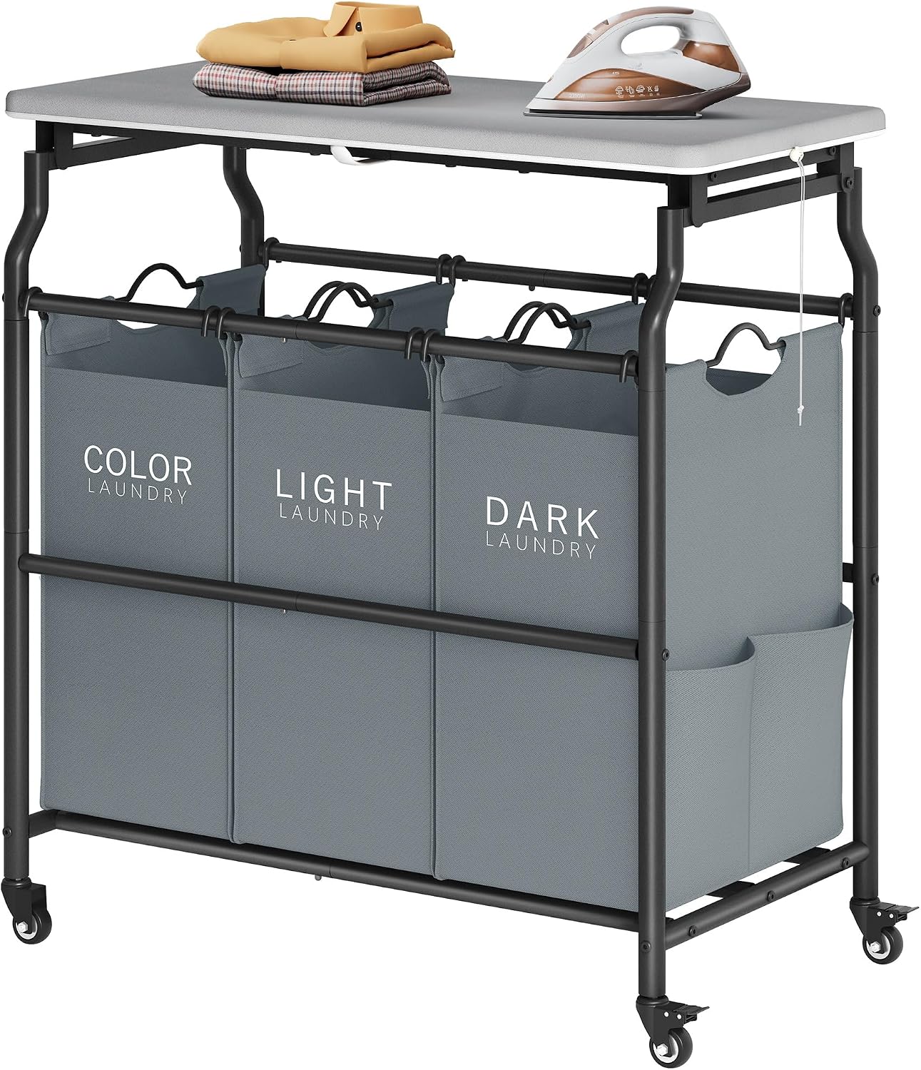 Hoctieon 3 Section Laundry Sorter with Iorning Board, Laundry Hamper, Black | Lockable Wheels, Laundry Basket Organizer with Wheels, Heavy Duty Clothes Organizer, Large Clothes Separator, Removable Bags