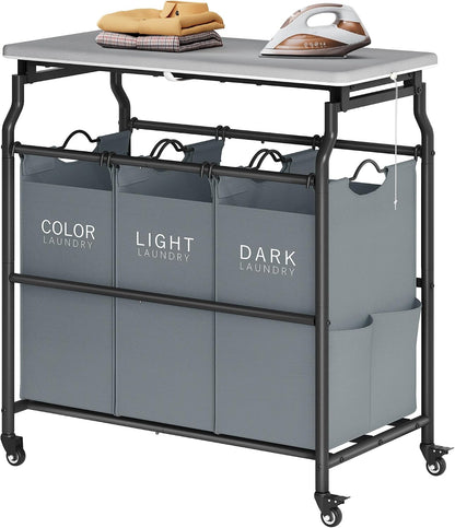 Hoctieon 3 Section Laundry Sorter with Iorning Board, Laundry Hamper, Black | Lockable Wheels, Laundry Basket Organizer with Wheels, Heavy Duty Clothes Organizer, Large Clothes Separator, Removable Bags