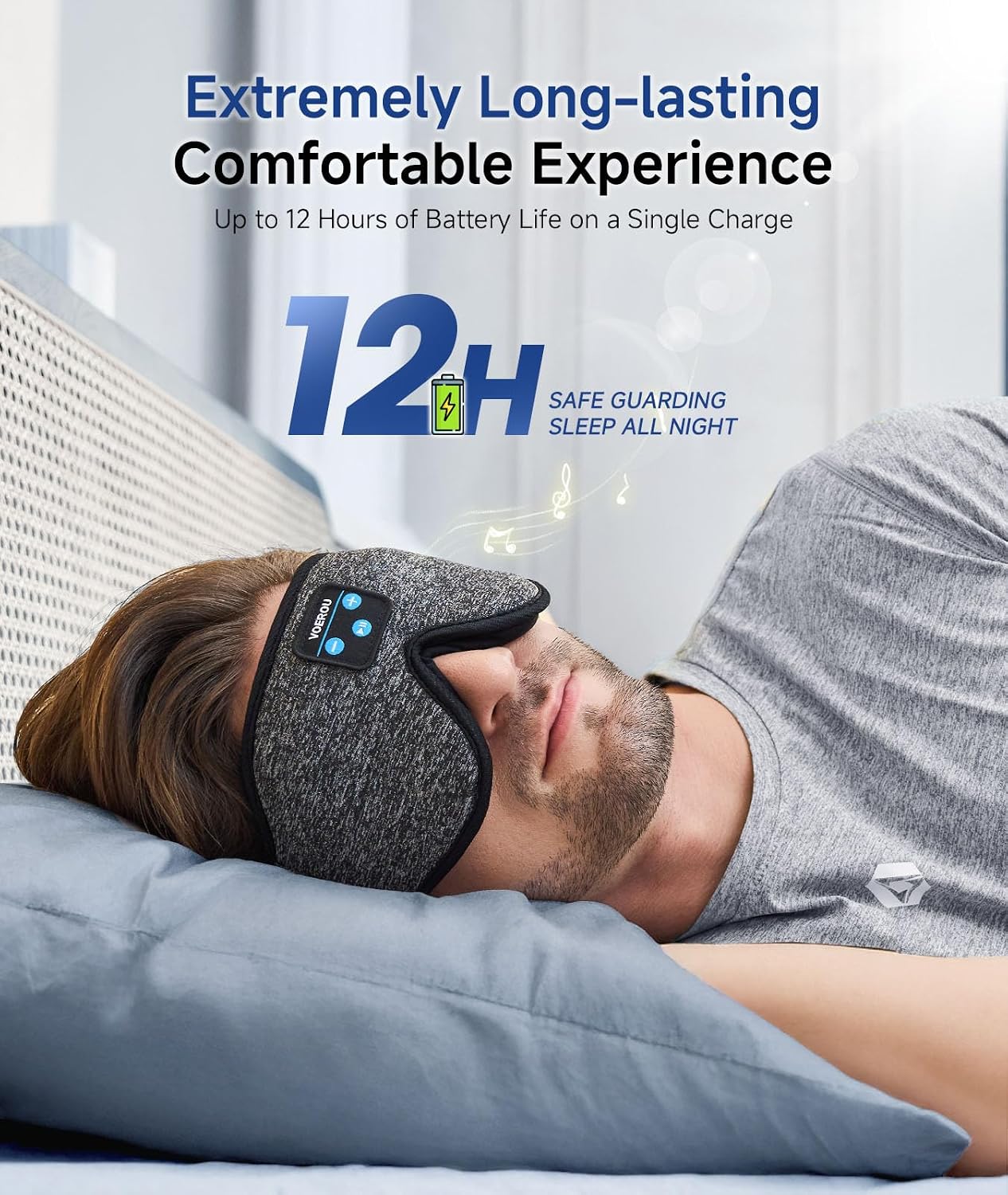 Voerou Sleep Mask with Bluetooth Headphones, Zero Pressure Wireless Sleeping Eye Mask, 100% Light Blocking Sleep Headphones for Side Sleepers, Suitable for Sleep Nap Travel, Cool Gadgets Unique Gifts