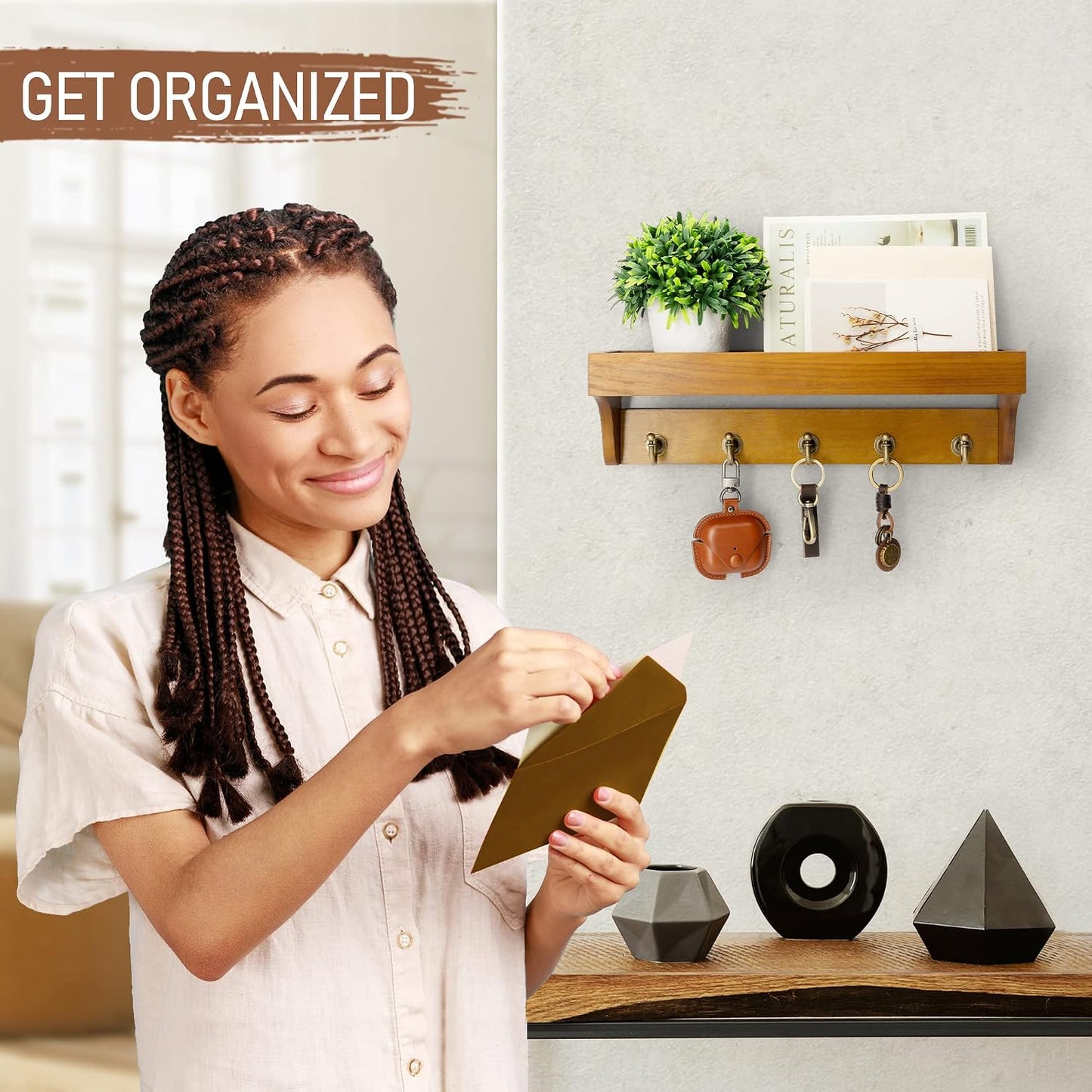 Rebee Vision Key Holder Wall Mount with 5 Hooks for Entryway, Retro Brown | Display Shelf for Plant & Letters, Key Shelf for Hats, Dog Leashes, Mail Organizer, Decorative Entryway & Living Room