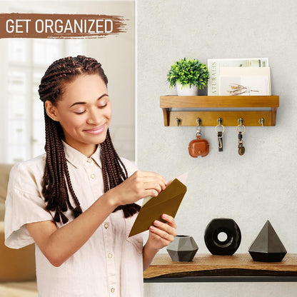Rebee Vision Key Holder Wall Mount with 5 Hooks for Entryway, Retro Brown | Display Shelf for Plant & Letters, Key Shelf for Hats, Dog Leashes, Mail Organizer, Decorative Entryway & Living Room