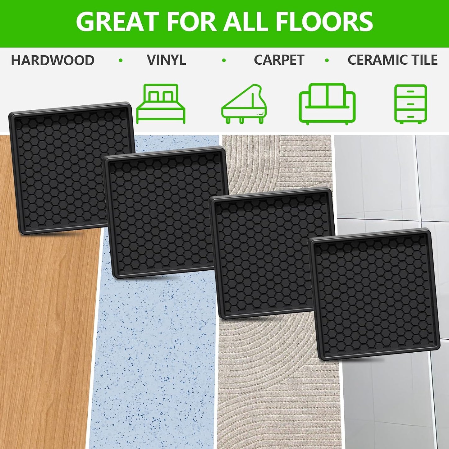 Non Slip Furniture Pads for Hardwood Floors - 12PCS 2" Caster Cups, Round | Furniture Stoppers to Prevent Sliding, Anti Slip Furniture Coasters Cup, Floor Protectors for Furniture Bed Couch Chair,Black
