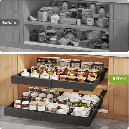 Seinloes 2 Pack Pull Out Cabinet Organizers 21"Deep with Raising Pad for Framed Cabinets,Expandable Slide Out Drawers Upgrade 3 Slide Rails,Roll Out Shelves Adhesive,Adjustable Width 12"-20.45" White