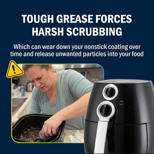 Air Fryer Cleaner and Degreaser. 6 Powder Sachets with Brush. Cuts Grease, Burnt Food and Odors. For Basket, Drawer, Grill and Crisper Plate. Nonstick Safe