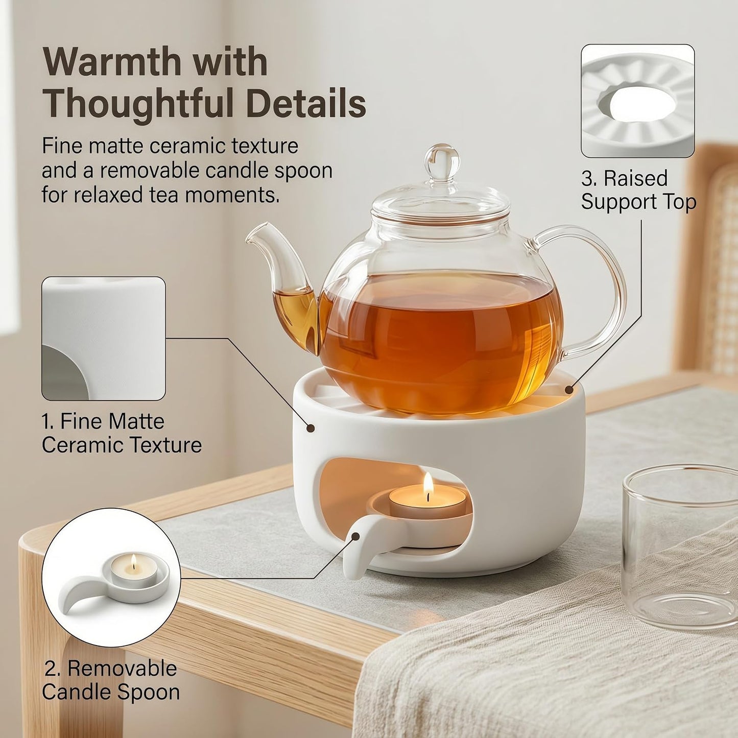 Ceramic Teapot Warmer with Removable Candle Spoon, Tea Pot Warmer Base | Deep matte black finish; 4.72 in low-profile base fits flat-bottom glass or ceramic teapots and uses a standard tealight.