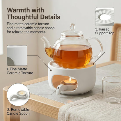 Ceramic Teapot Warmer with Removable Candle Spoon, Tea Pot Warmer Base | Deep matte black finish; 4.72 in low-profile base fits flat-bottom glass or ceramic teapots and uses a standard tealight.
