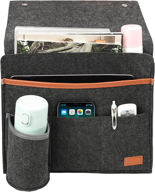 Surblue Bedside Caddy Felt Bedside Storage Organizer with Water Bottle Holder for TV Remote Control Phone Glasses Magazine 7 Pockets(Light Grey)