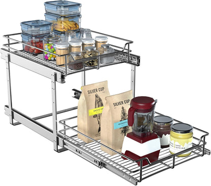2-Tier Cabinet Pull Out Shelves, 14" W x 22" D, Chrome | Heavy-Gauge Wire Kitchen Cabinet Organizer, 100 lbs Capacity, Ball-Bearing Glides, Min 15" Opening, For Tupperware & Bowls