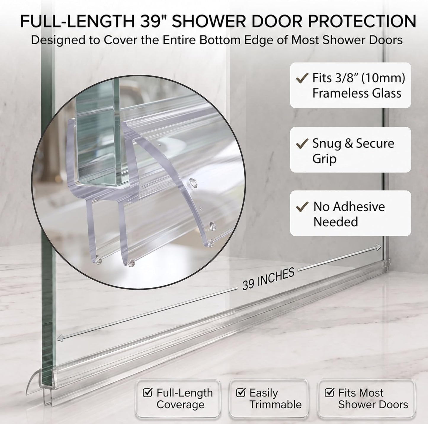 3 Pack Shower Door Bottom Seal Strip 39" – Frameless Glass Shower Door Seal for 3/8" (10mm) Glass, Clear Shower Door Sweep Replacement, Leak Guard Glass Shower Door Seal Strip Bottom
