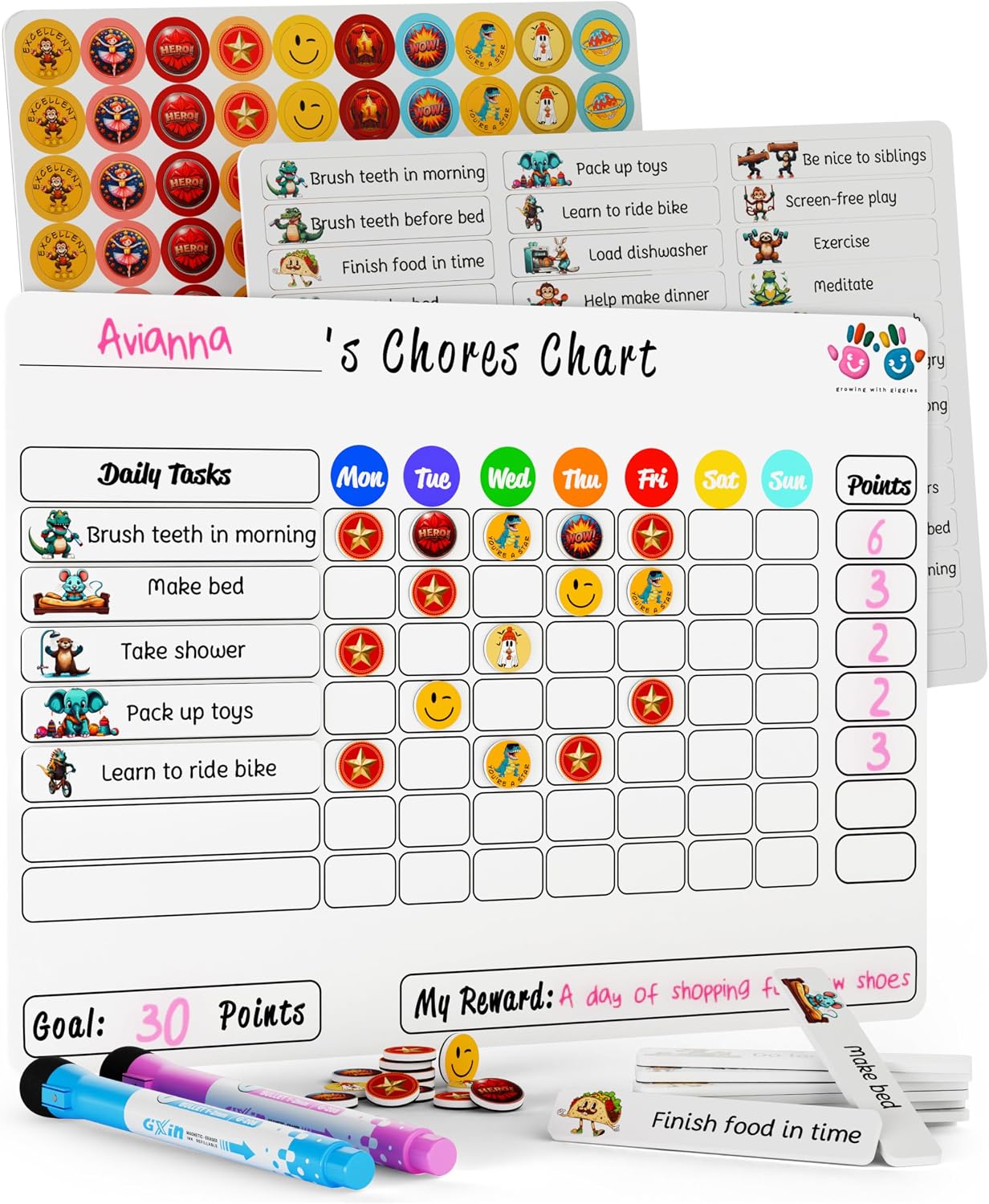 Mimi Doodle Magnetic Chore Chart for Kids – 16x12 Dry Erase Daily Responsibility Board for Fridge with 39 Chore tabs, 100 Reward Stickers – Behavior Chart for Kids at Home – Simple Theme