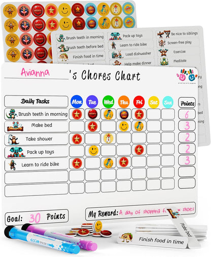 Mimi Doodle Magnetic Chore Chart for Kids – 16x12 Dry Erase Daily Responsibility Board for Fridge with 39 Chore tabs, 100 Reward Stickers – Behavior Chart for Kids at Home – Simple Theme