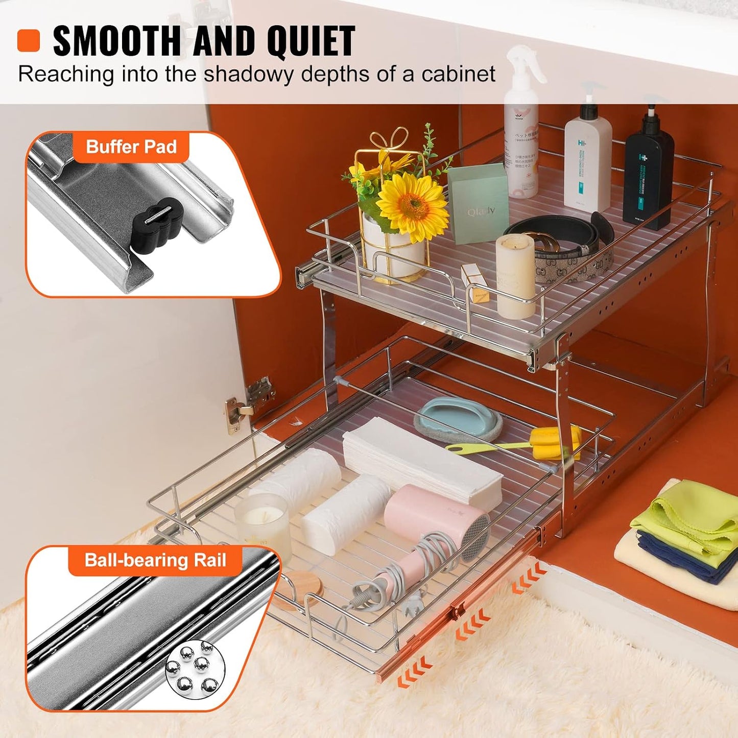 VEVOR Pull Out Cabinet Organizer, 14" Wx21.2 Dx15.2 H Heavy 2 Tier Duty Slide Out Pantry Shelves, Chrome-Plated Steel Roll Out Drawer for Under Sink, 15.5" Wx22.5 Dx19 H Install Size for Cabinet