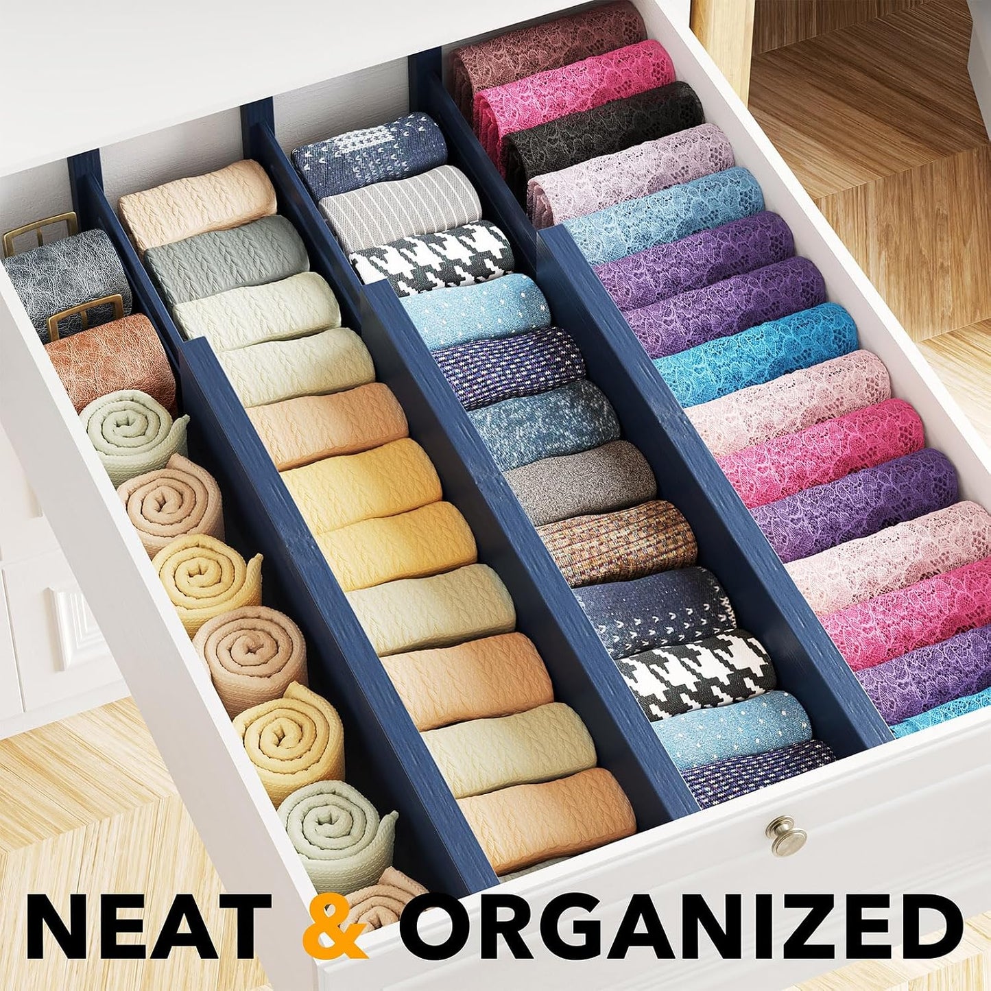 SpaceAid Bamboo Dresser Drawer Dividers 6 Pack, 4.65“ High Adjustable 12.5“-17” Drawer Organizers, Expandable Organization for Clothing, Clothes, Dressers, Natural