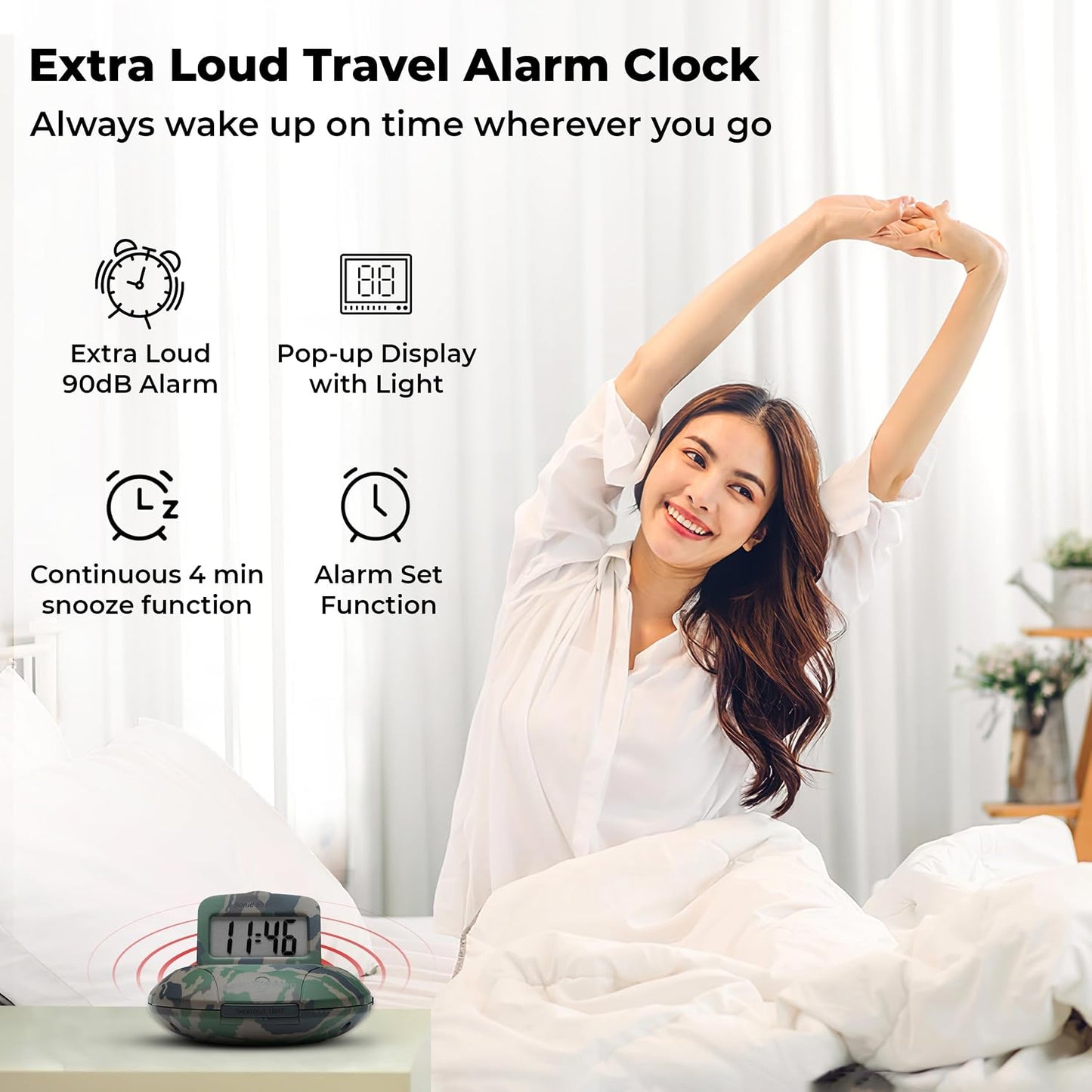 Sonic Alert Digital Alarm Clock - Small Travel Clocks for Heavy Sleepers - Battery Operated with Vibrating Bed Shaker - Green Camo