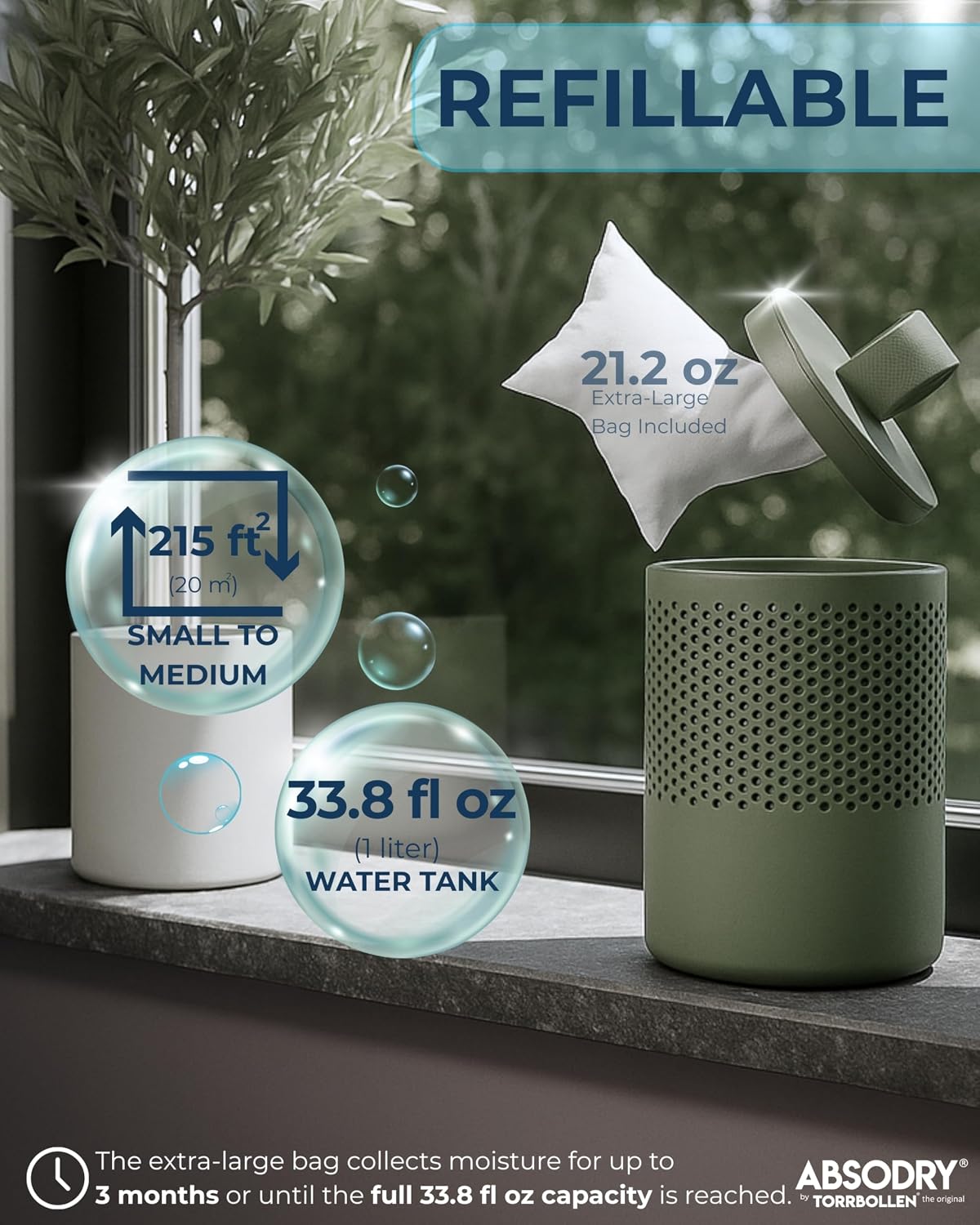 Closet dehumidifier - Absodry by Torrbollen Moisture Absorber 1.3lb Bag — Dehumidifier for Bedroom, humidity absorber, Air Freshener and Purifier for Home Up to 90 Days, 269 ft² (White)