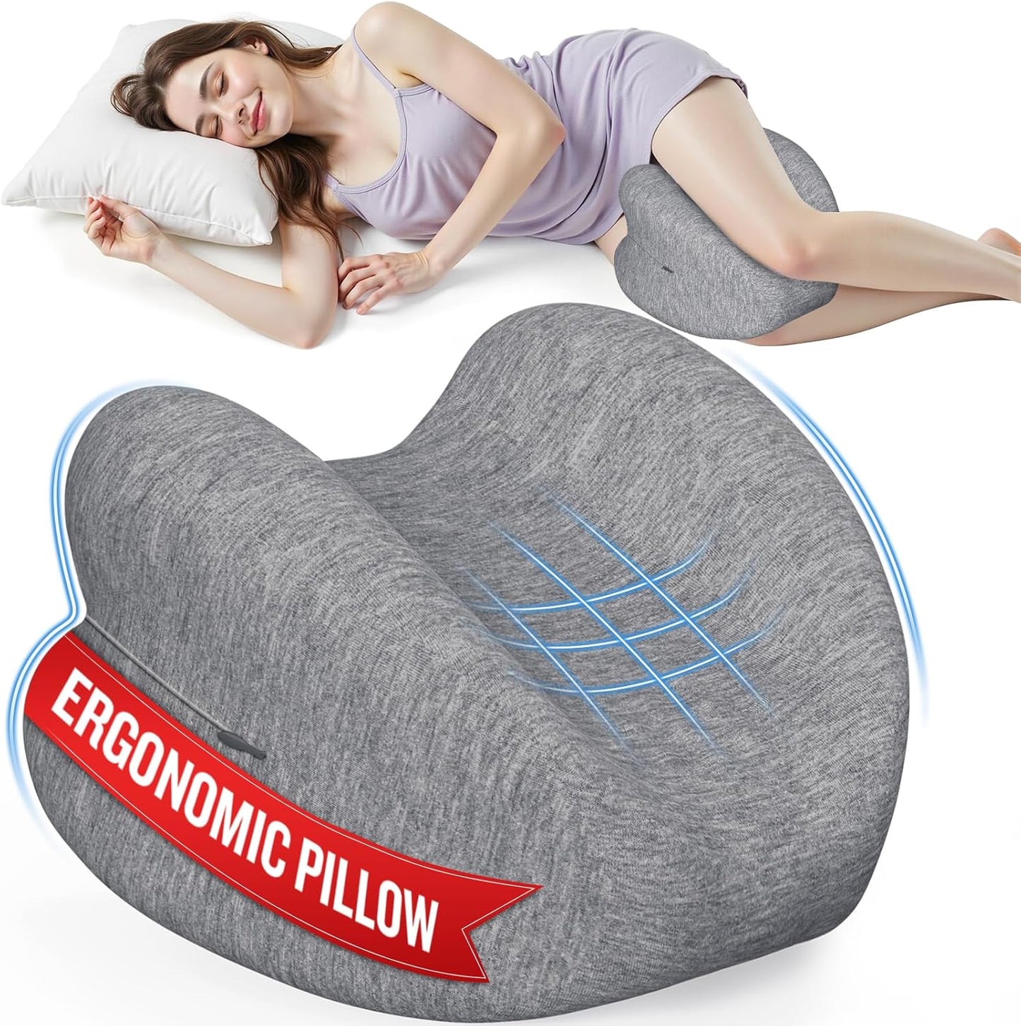 Knee Pillow for Side Sleepers, Memory Foam Leg Pillow, Grey | Heart-shaped design, high-density memory foam, raised edges, machine-washable cover, supports knee, hip and spinal alignment
