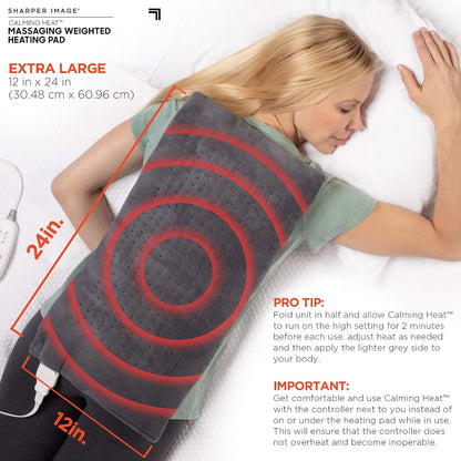 Calming Heat Massaging Vibrations Weighted Heating Pad by Sharper Image | Temperature Settings, Auto Shut-Off Feature, Gift for Holidays, Women & Men | 3 Heat, 6 Massage, 12” x 24”, 4 lbs