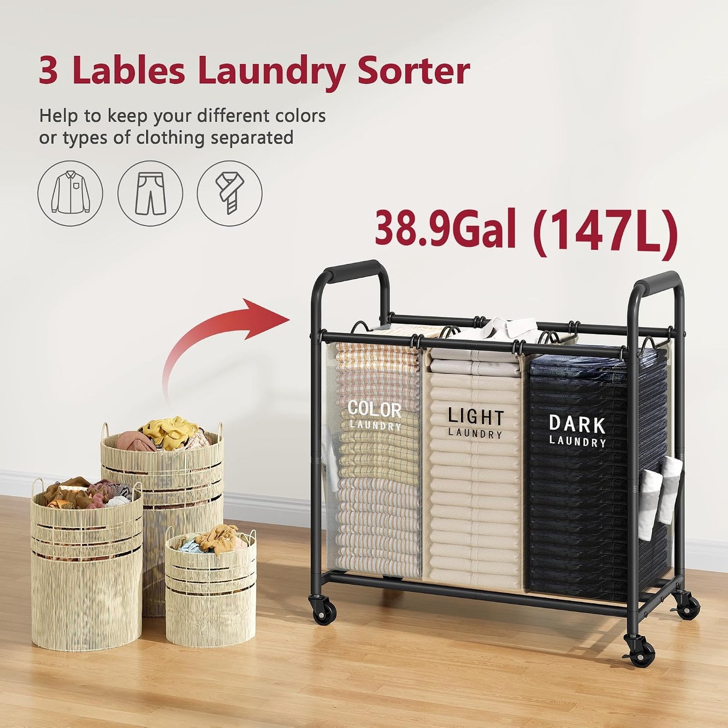 2 Bag Laundry Sorter Cart, Black & Grey | 50lbs Large Capacity, Removable Laundry Bags, Heavy Duty Lockable Rolling Wheels, Laundry Hamper Basket for Clothes Storage