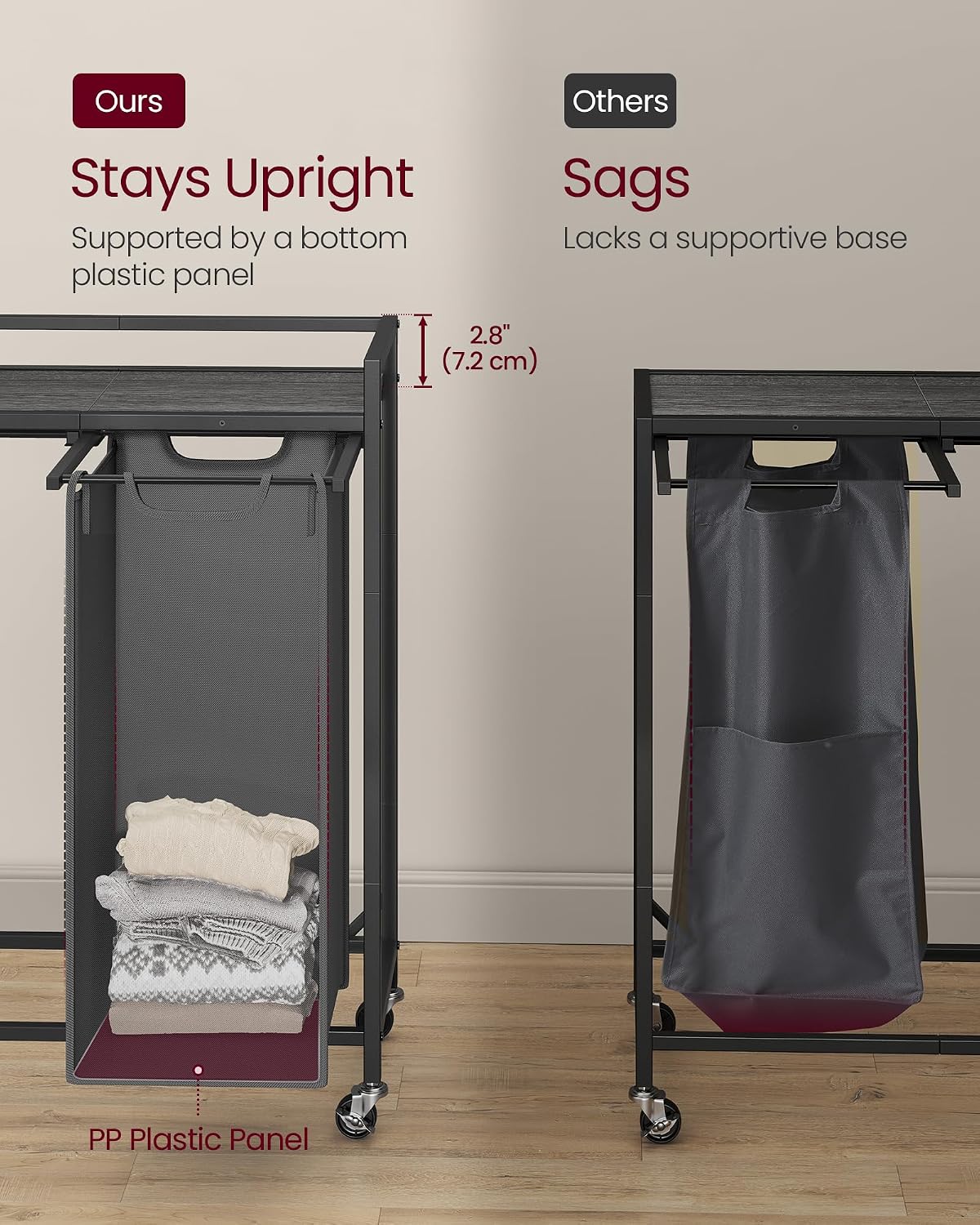 VASAGLE Laundry Sorter, 29 Gal. (110 L) Laundry Hamper Basket with 2 Compartments, Rolling Cart with Wheels, Shelf, Removable Bags, Pockets, Ink Black and Rustic Brown UBLH021B01