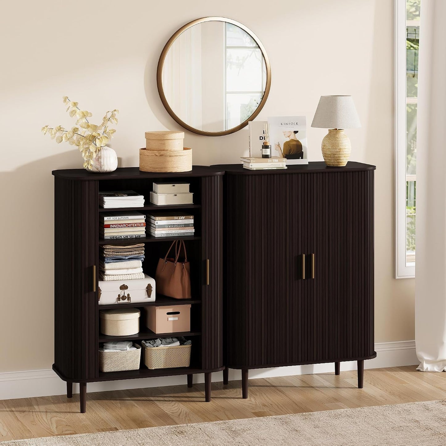 DHH Shoe Storage Cabinet with Sliding Door, 6-Tier Shoe Cabinet with Adjustable Shelves, Modern Freestanding Shoe Storage Organizer for Entryway, Hallway, Living Room (Walnut, 47 ")