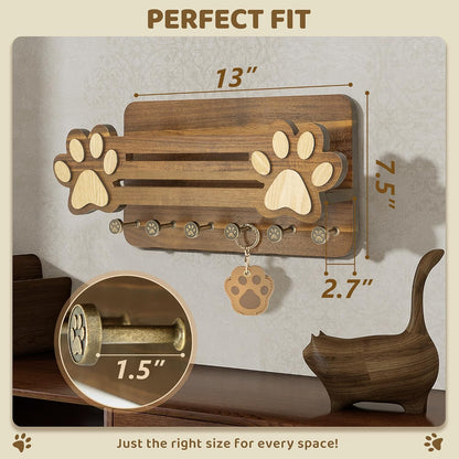 MTERSN Dog Leash Holder for Wall with Wall Shelf for Dog Lover, White | 3D Paw-print Design, Mail Holder for Wall with 6 Hooks for Dog Leash & Sunglasses, Put Dog Food Container, Rustic Home Decor