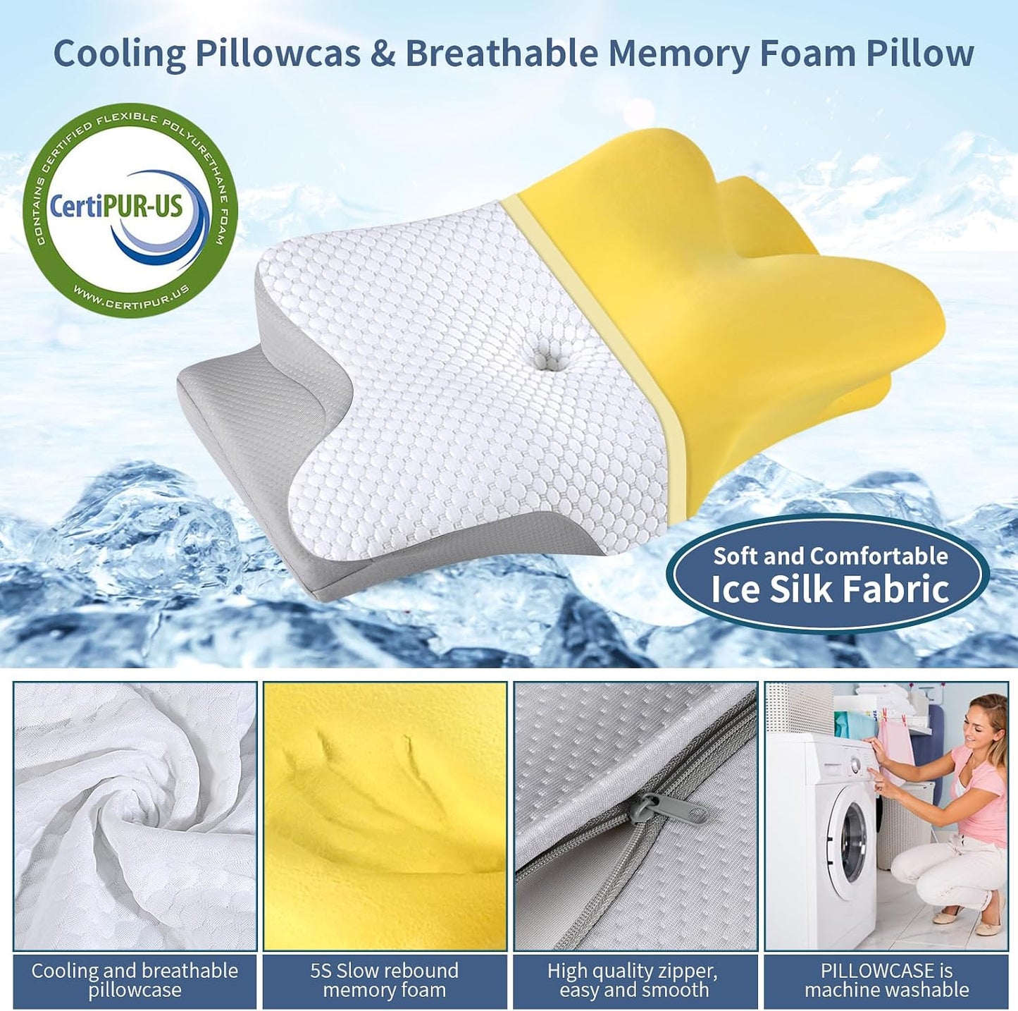 Cervical Pillow for Neck Pain Relief, Ergonomic Neck Pillow for Sleeping, Contour Side Sleeper Pillow for Neck Support, Orthopedic Cooling Memory Foam Pillows for Back Stomach Sleepers (Blue)