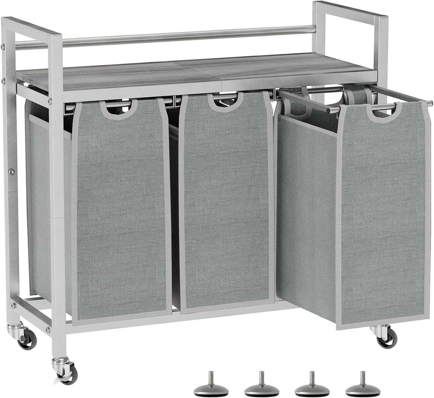 SwaaVee Laundry Sorter, Laundry Hamper 3 Section, 3×11.4Gal, Metal Frame Rolling Laundry Basket with Wooden Top Shelf, Pull out and Removable Laundry Bags, 3 Bags-Black