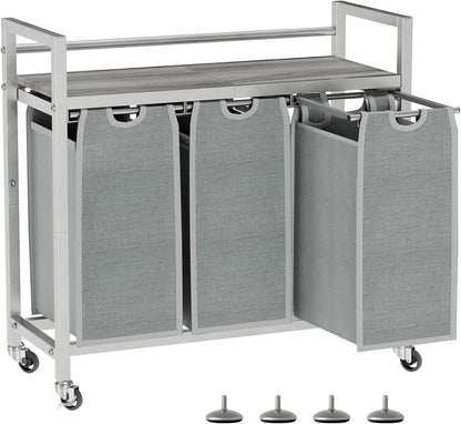 SwaaVee Laundry Sorter, Laundry Hamper 3 Section, 3×11.4Gal, Metal Frame Rolling Laundry Basket with Wooden Top Shelf, Pull out and Removable Laundry Bags, 3 Bags-Black