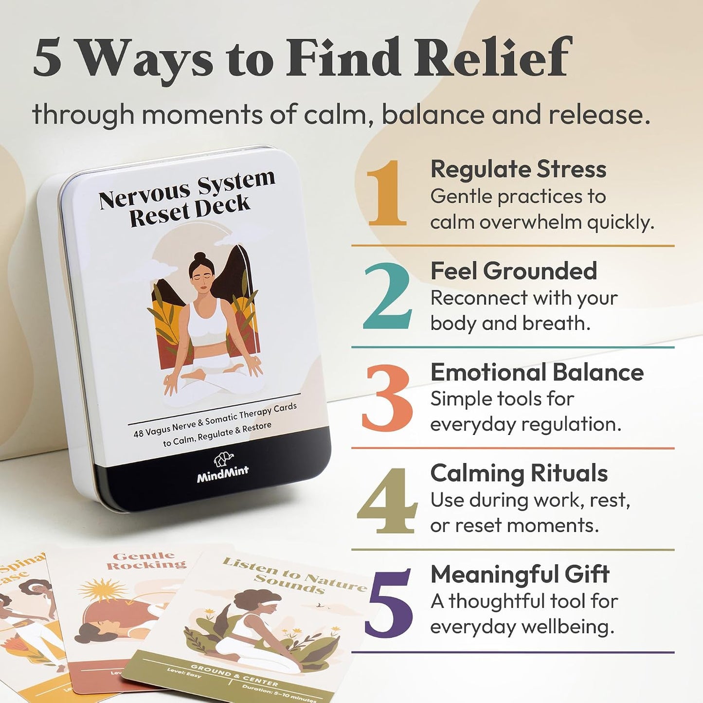 Somatic Therapy & Polyvagal Card Deck for Nervous System Reset - 48 Vagus Nerve Regulation Exercises, Breathwork, Yoga, & Mindfulness Cards - Stress Relief Therapy Tools & Coping Skills Deck