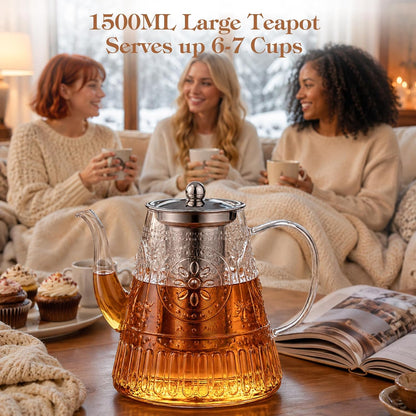 Glass Teapot, 1200ml (40oz) Tea Pot with Infuser for Loose Tea and Blooming Tea, Stovetop Safe Tea Kettle, Hand Crafted Borosilicate Glass Tea Maker with Scale Line, Tea Gift Set for Tea Lovers
