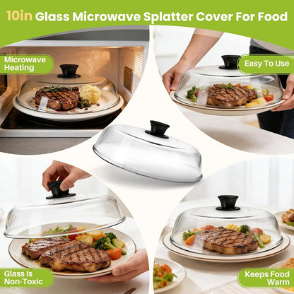 10in Glass Microwave Cover For Food, Glass Microwave Splatter Cover | Heat Resistant Tempered Glass Splatter Guard, Vented Universal Microwave Plate Cover, Dishwasher Safe