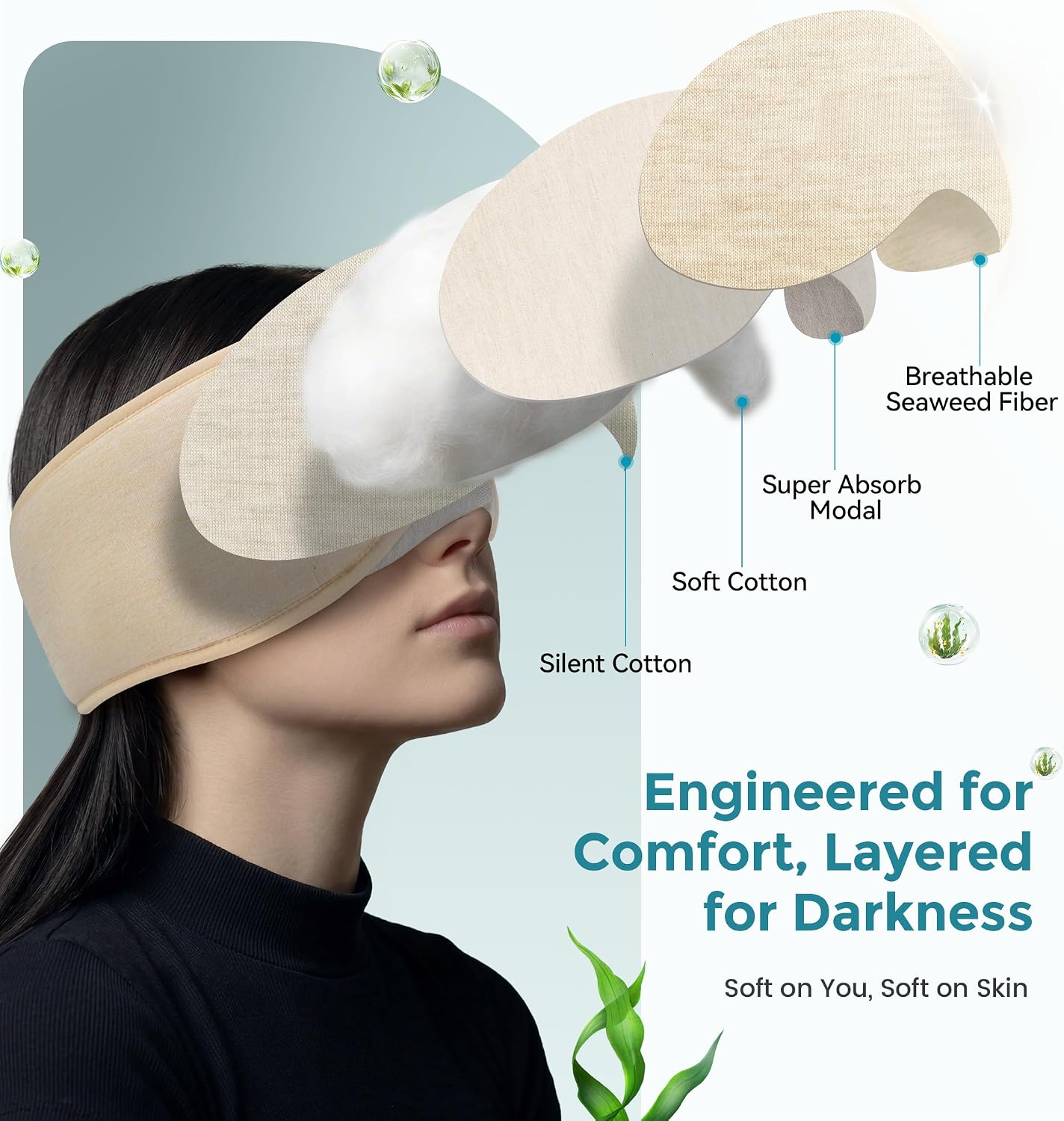 LC-dolida Sleep Masks with Bluetooth Headphones, Soft Seaweed Fiber Cotton Bluetooth Sleep Mask, Total Blackout Fully Wrapped Sleep Mask for Side Sleepers, Travel Meditation Gift, Green